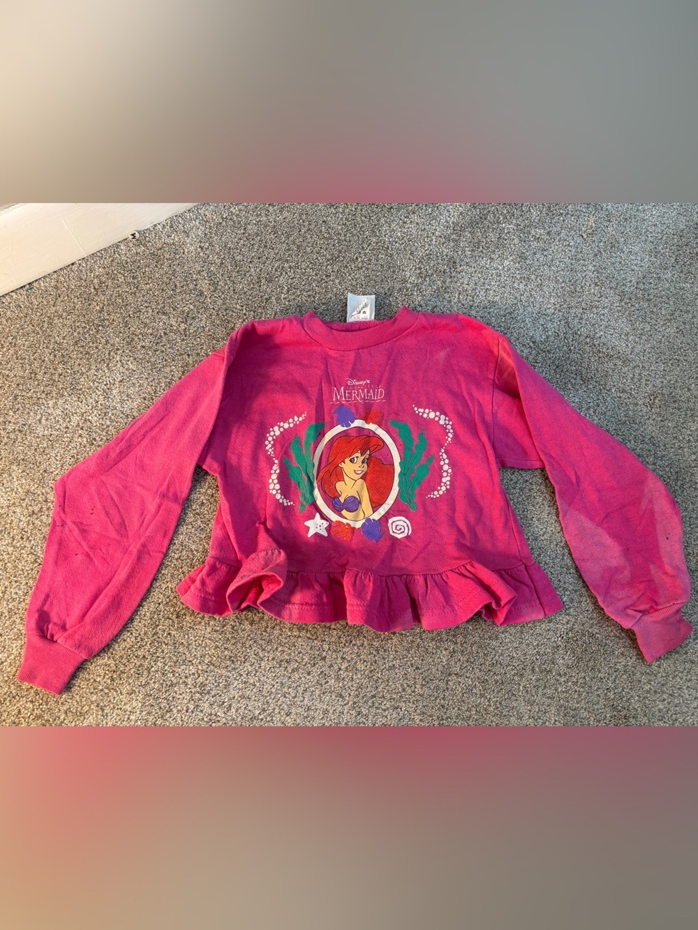 Vintage 90s Disney The Little Mermaid Pink Ruffle Hem Kids Sweatshirt peplum M